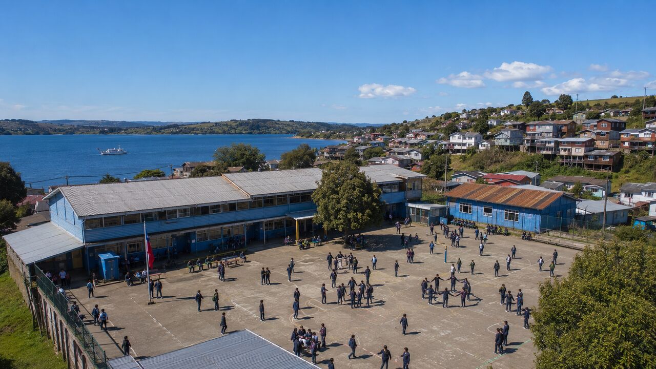Vista aérea de una escuela municipal en Chiloé, sur de Chile